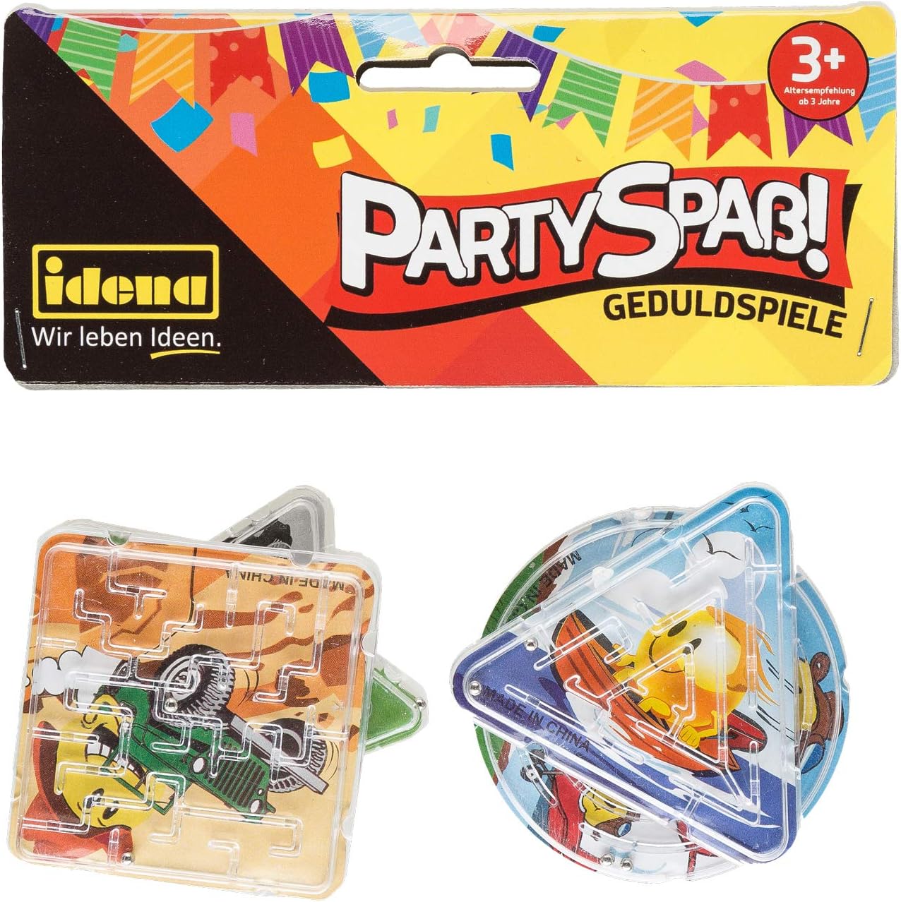 Idena 40430 Party Fun Patience Games, 4 Pieces, Small Labyrinth in Different Shapes and Colours, with Funny Emoji Background Motifs, Average Size Approx. 6 cm