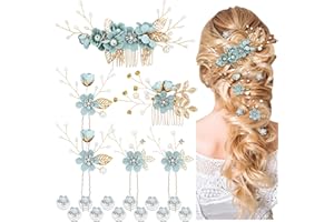 Cinaci 18 Pieces Bridal Wedding Party Prom Pearl Rhinestone Light Green Flower Hair Side Combs Slides+U-shaped Flower Hair Pins+Twist Spiral Hairpins Floral Headpieces for Brides Bridesmaids Women Gir