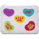 Valentine’s Day Coin Purse for Women, Beaded XOXO Heart Coin Purse Festive Pouch Bag Handmade Small Change Purse Wallet with Zipper Valentine’s Day Outfits Accessories Gifts (Style B)