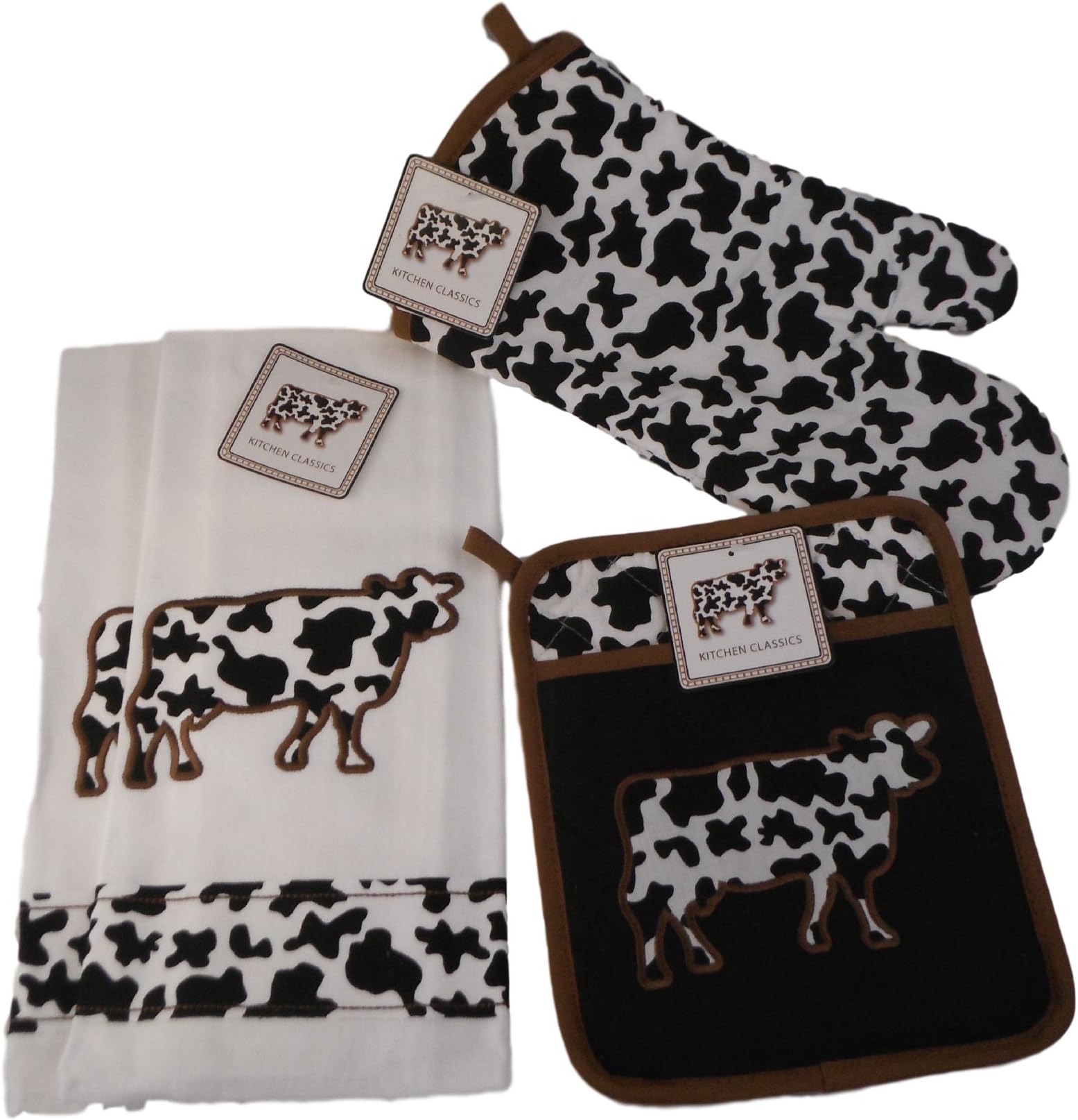 Black and White Cows Kitchen Linens Bundle - Four Items: Two Cotton Dish Towels and Two Pot Holders (White Towels)