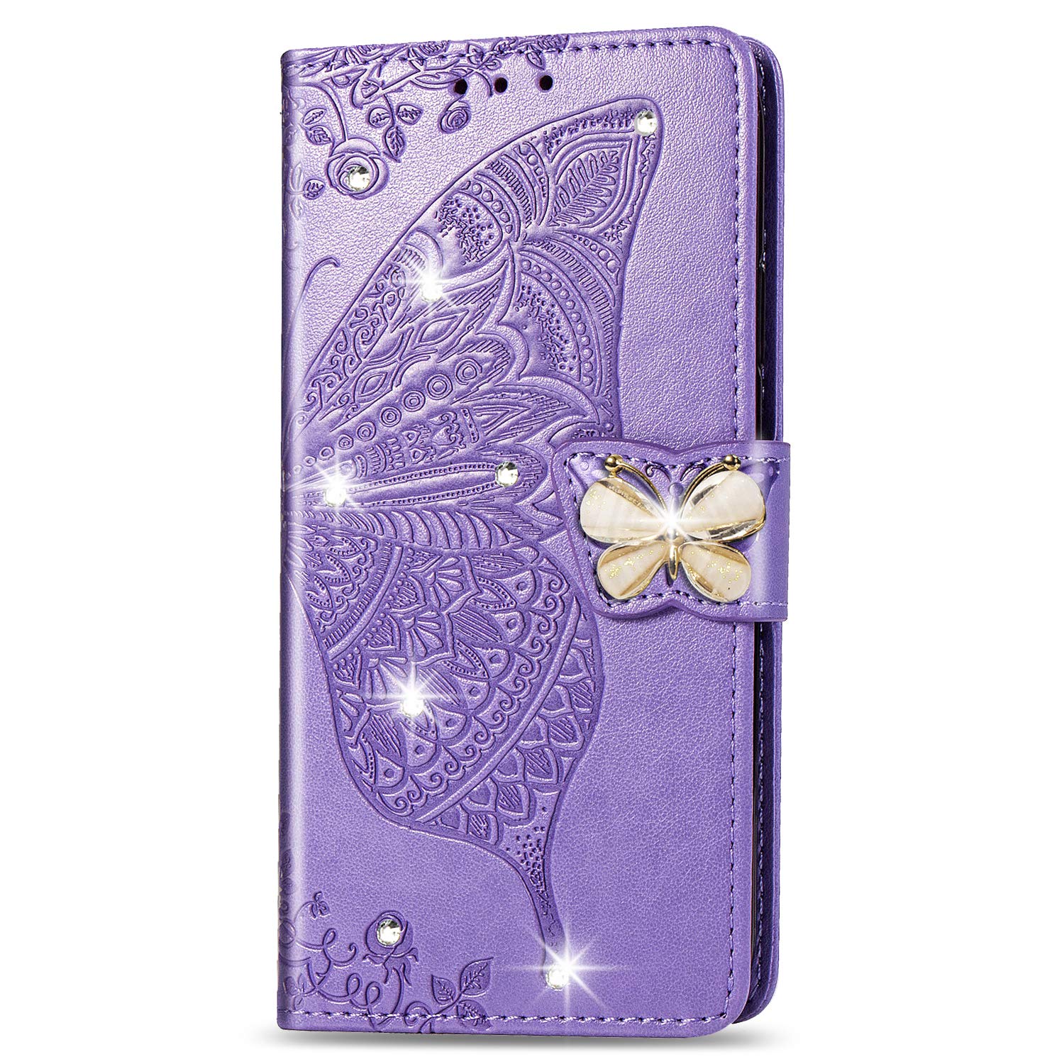 Phone Case for Nokia 5.4 Case, Glitter Diamonds Butterfly Gems Shockproof PU Leather Wallet Flip Case with TPU Bumper Stand Card Slots Magnetic Closure Protective Cover for Nokia 5.4, Light Purple