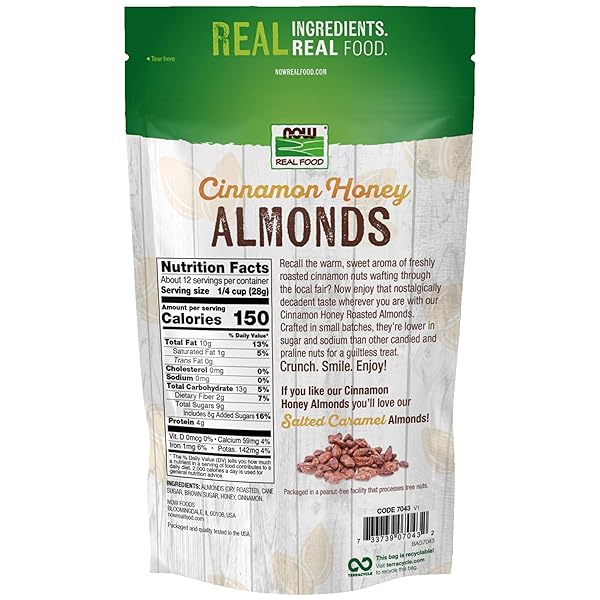 NOW FOODS, CINNAMON HONEY COATED ALMONDS, CRAFTED IN SMALL BATCHES, 12-OUNCE (340 G)