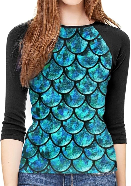 Colorful Mermaid Crewneck Tunic Tops Women'S Girl 3/4 Sleeve TShirt