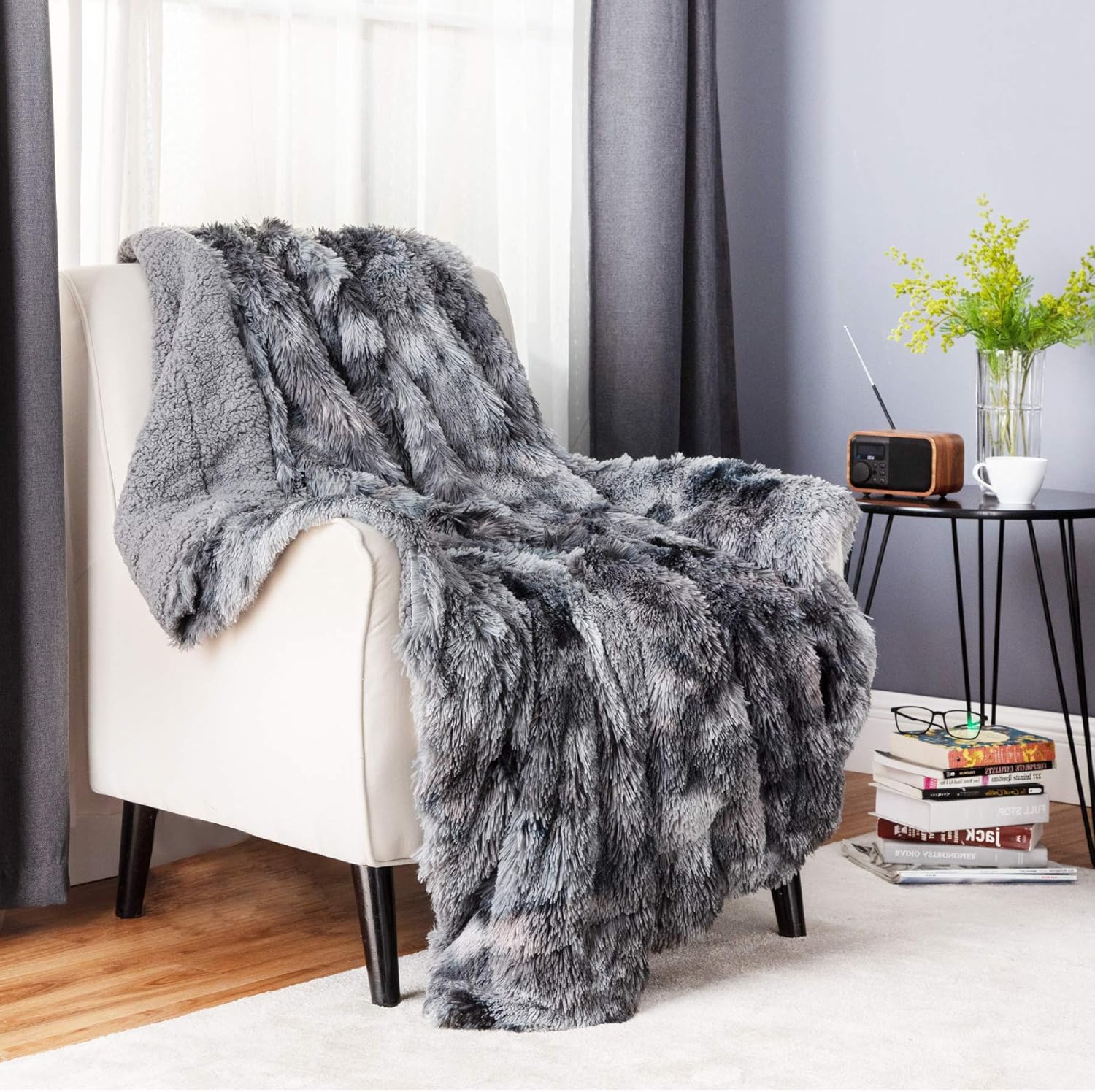 Bedsure Soft Fuzzy Faux Fur Shaggy Blanket Throw Reversible Sherpa Fleece Shag Throw Blanket for Sofa, Couch and Bed - Warm Thick Fluffy Blanket as Gift,Plush Furry Throw (50x60 inches, Grey): Home & Kitchen
