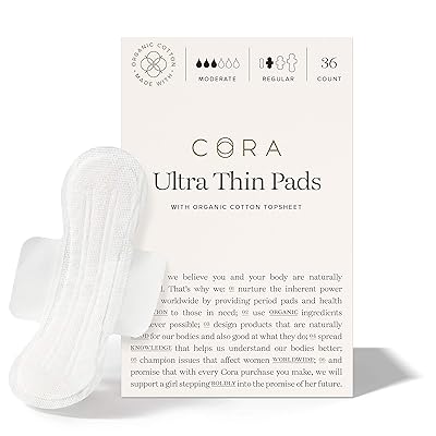Cora Ultra Thin Organic Cotton Period Pads, Regular Absorbency, with Wings &amp; Dry Wicking Technology (New &amp; Improved 36 Count)