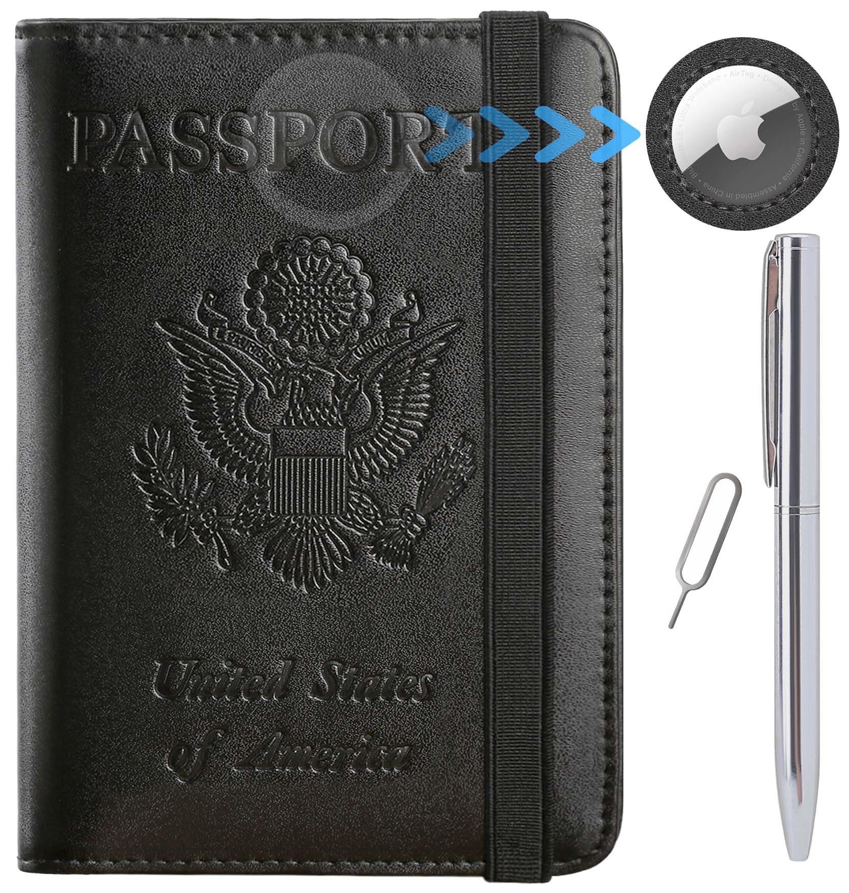 PASCACOO Airtag Passport Holder Cover Wallet Travel Essentials RFID Blocking Leather Card Case International Must Haves Travel Accessories for Women Men(119#Black)