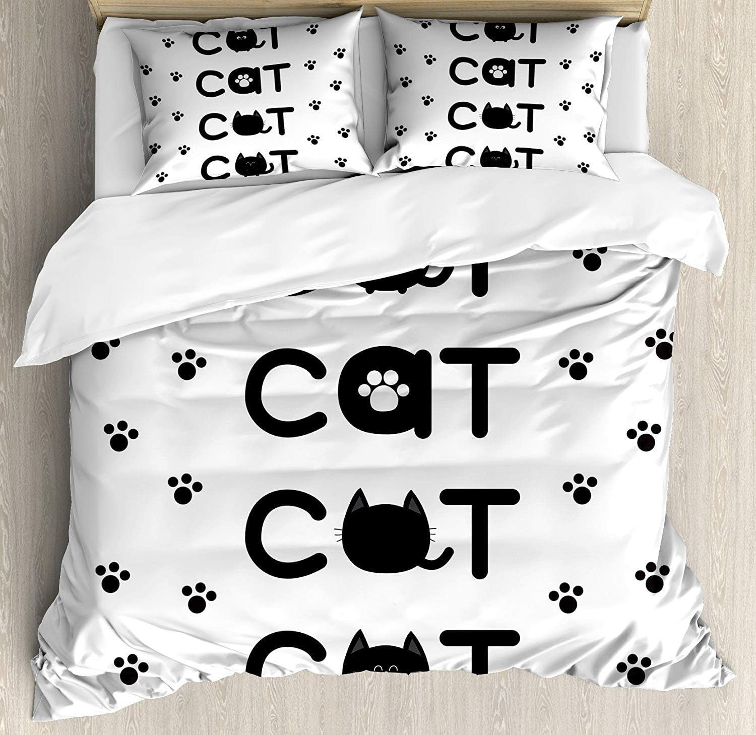 3 Pieces Duvet Cover Set, Cat Text Out of Round Shaped Cute Cats with Little Paw Prints in Black and White, Decorative Bedding Sets, Comforter Cover with 2 Pillow Shams, Black White，Twin Size