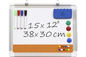 NAVY PENGUIN Whiteboard Bulletin Board Set - Dry Erase/Cork Board 15 x 12 in with 1 Magnetic Eraser, 4 Dry Wipe Markers, 4 Magnets and 10 Pins - Small Wall Hanging Notice White Tack Board for Home and Office