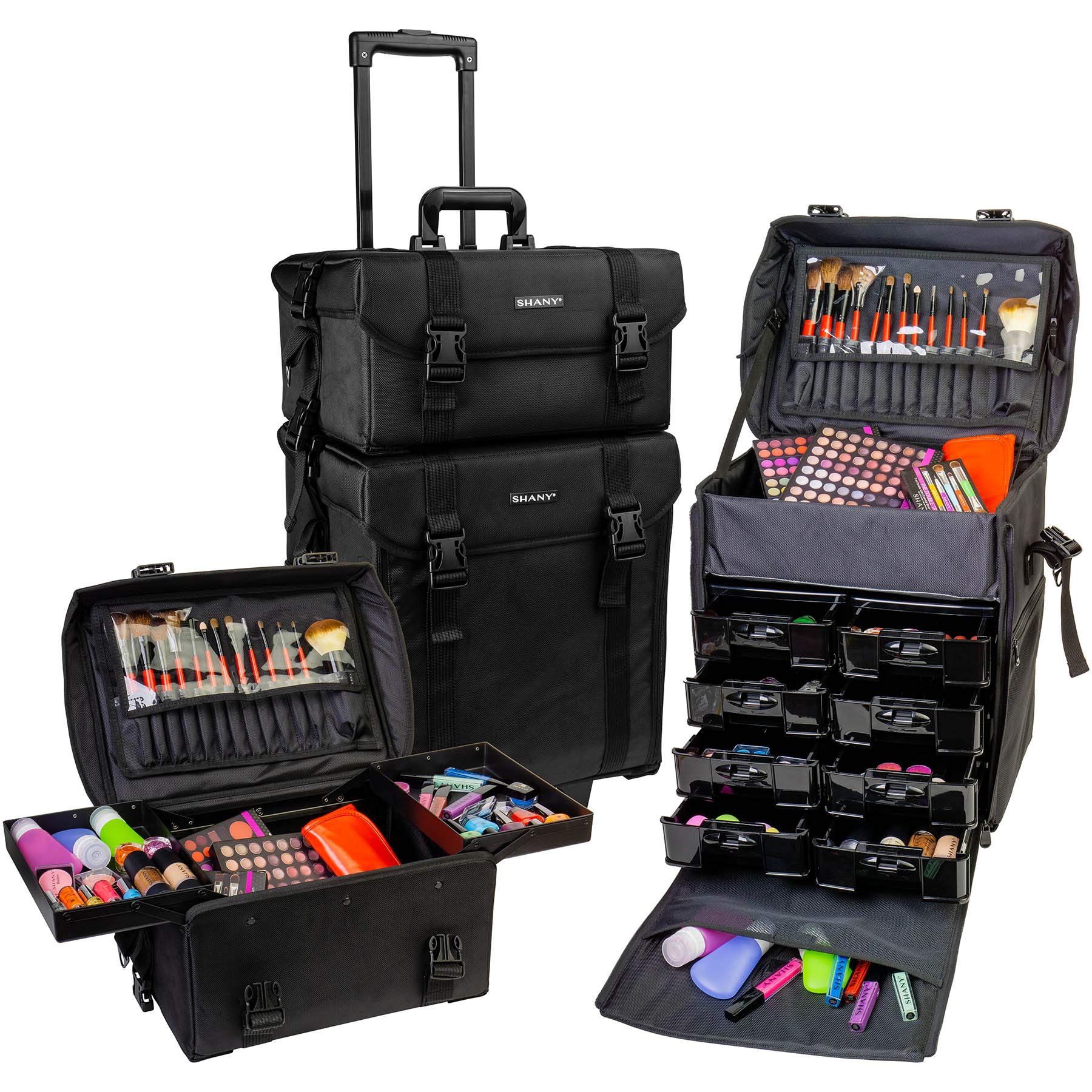 SHANY Makeup Artist Soft Rolling Trolley Cosmetics Case Make up Travel Bag With Beauty Organizer Drawer Bins, TSA Mesh Bag Organizers - Jet Black