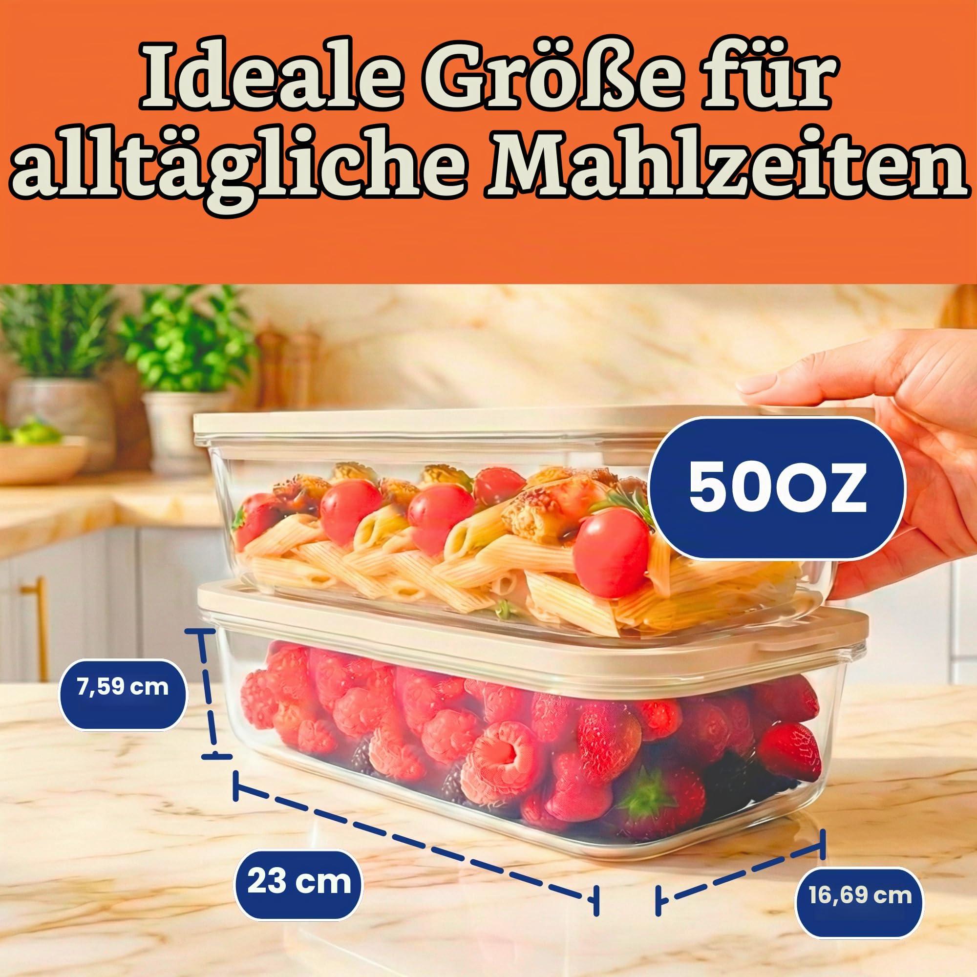 Ziruma Ungiftige 6,2 Tassen Glas Frischhaltedosen mit Deckel, große Lebensmittelbehälter, plastikfreie Mahlzeitvorbereitung, luftdichte Frischhaltedose, mikrowellen- und gefriergeeignet, 2 Stück 9