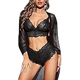 RSLOVE Women Sexy Lingerie Set 3 Piece Lace Kimono Robe with Bra and Panty Sheer Sleepwear