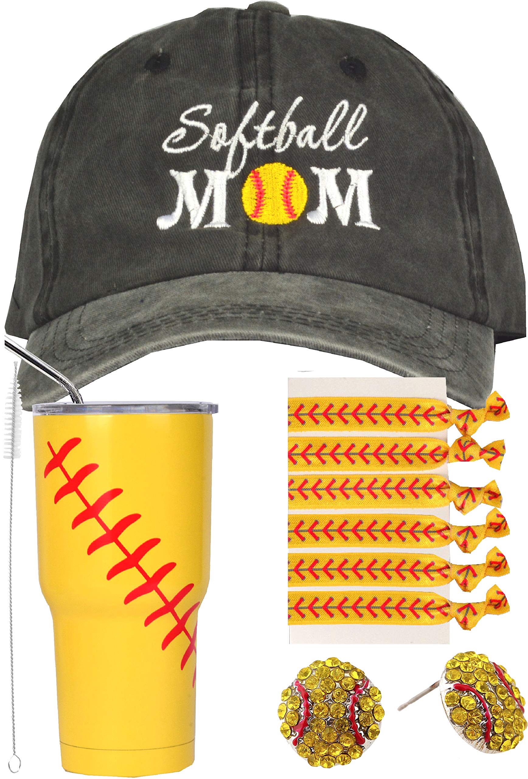 Softball Mom Gifts, Softball Tumbler, Softball Mom Trucker Hat, Softball Earrings, Softball Hair Pony Tails, Softball Cap for Women, Softball Cup 30 oz with Lid, Straw and Cleaner
