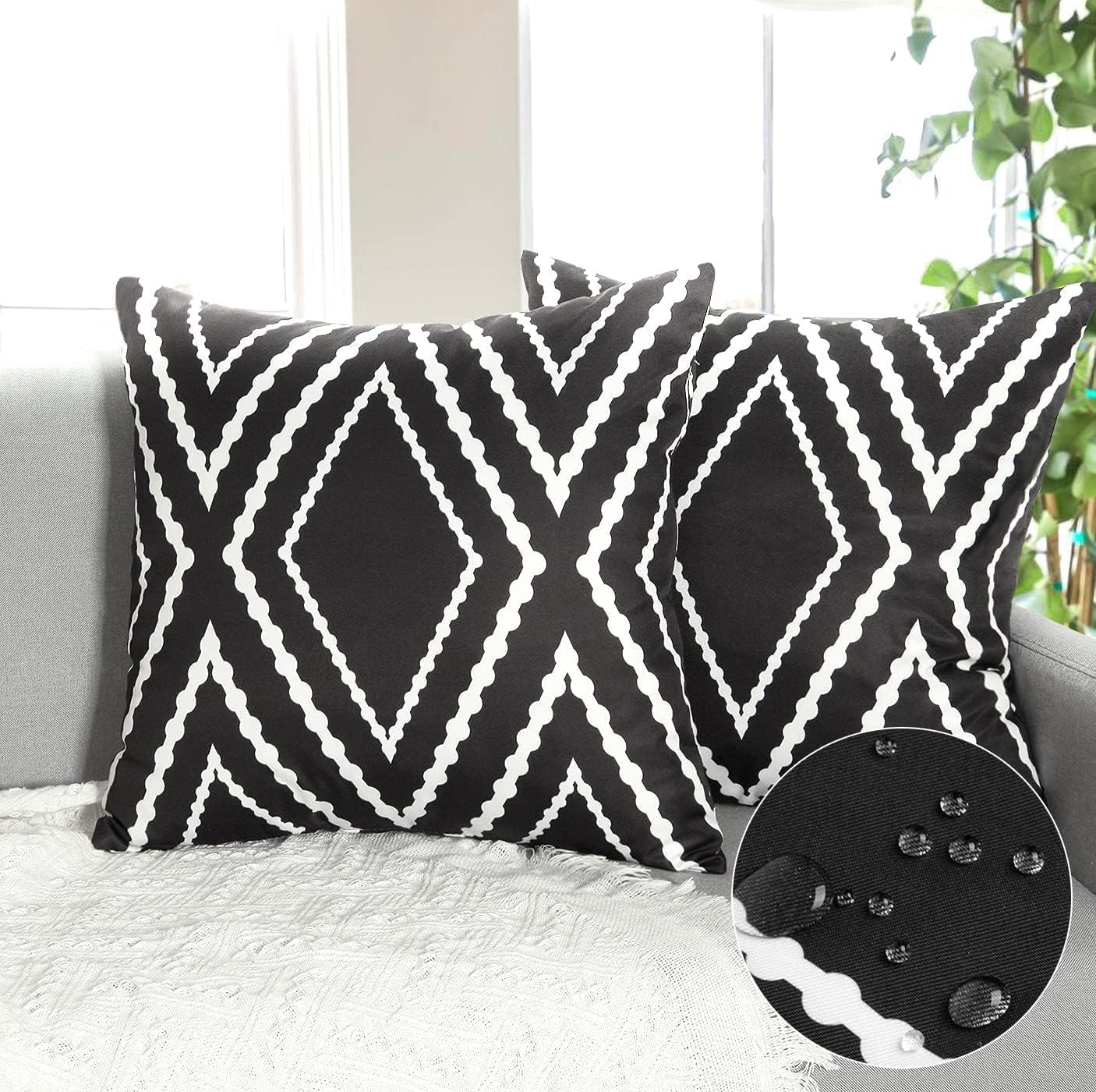 Dremisland Outdoor Waterproof Throw Pillow Covers Set of 2 Black and White Geometric Pillowcases Boho Farmhouse Aztec Cushion Covers Decorative Garden Cushions for Home Bed Patio Couch Sofa