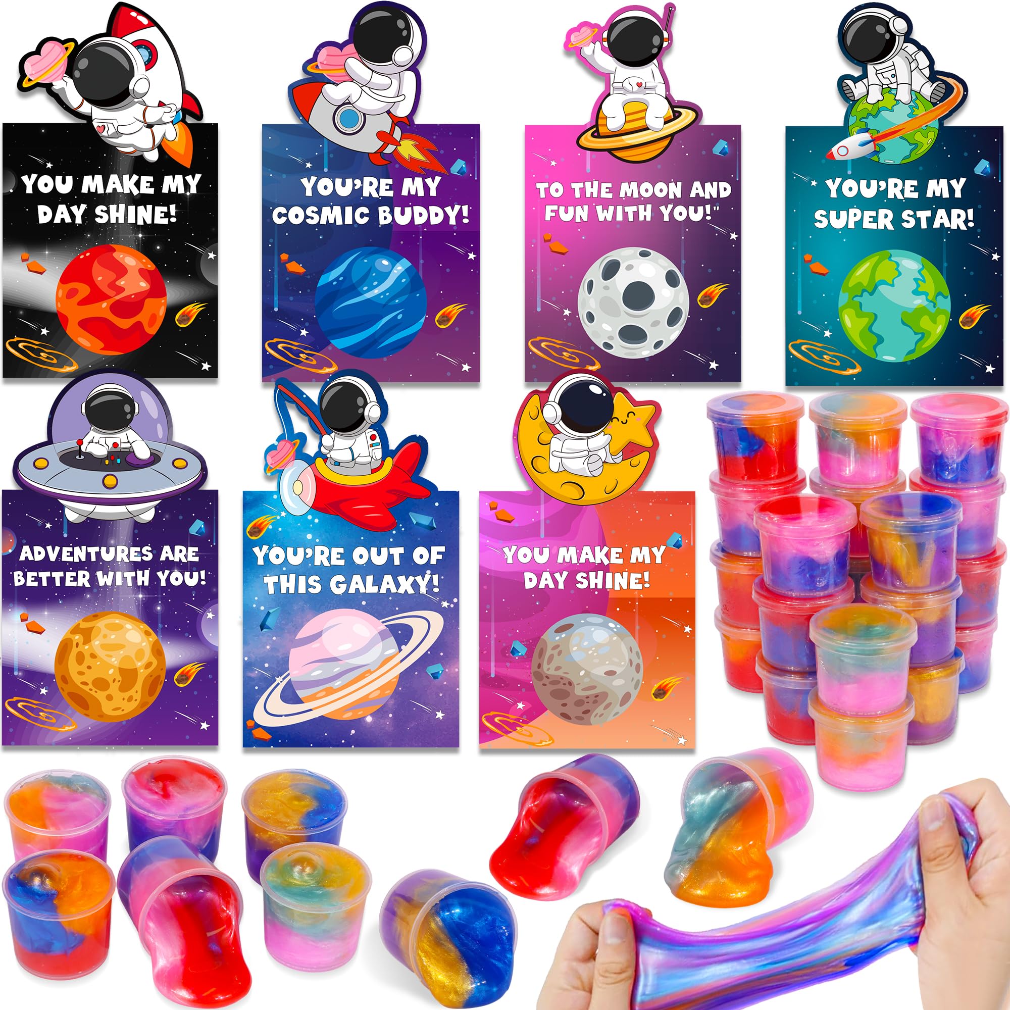 Photo 1 of 28 Pack Valentines Day Gifts for Kids Classroom Galaxy Slime with Valentines Day Cards for Kids School, Valentine for Kids Classroom Class Exchange Gifts Prizes School Favors Favors for Boys Girls