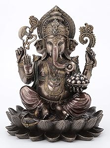 Veronese Design 10.24 Inch 5 lbs Lord Ganesha Sitting on Lotus Hindu God Antique Bronze Finish Statue
