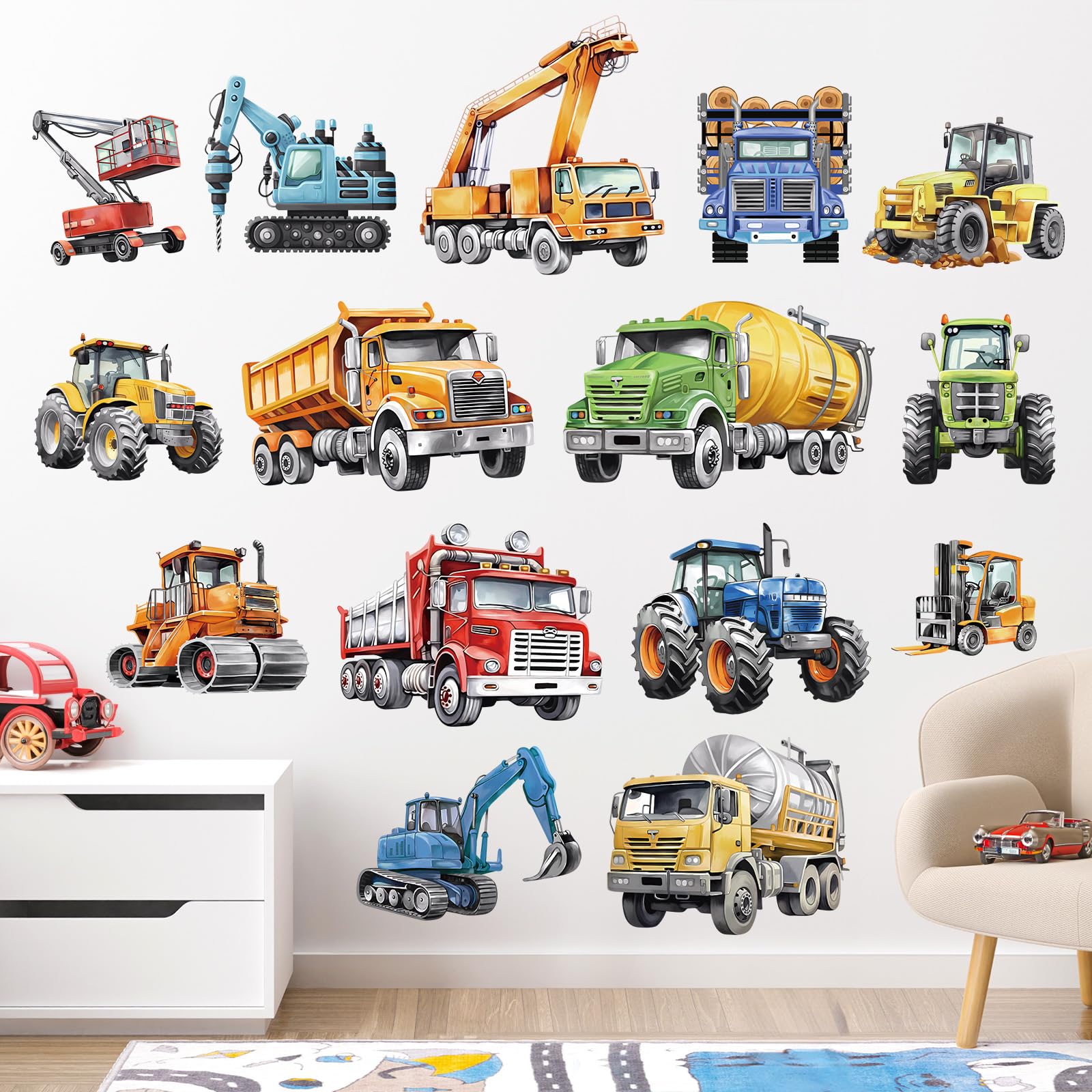 wondever Construction Vehicles Wall Stickers Trucks Tractor Cars Peel and Stick Wall Art Decals for Boys Room Kids Bedroom Playroom
