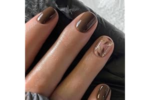 MIVOTA Brown Press On Nails Short Square 24pcs, Nude Coffee False Nails with Gold Leaf Design, Glossy Acrylic Stick On Nails, Natural Reusable Glue On Fake Nails Kit for Women