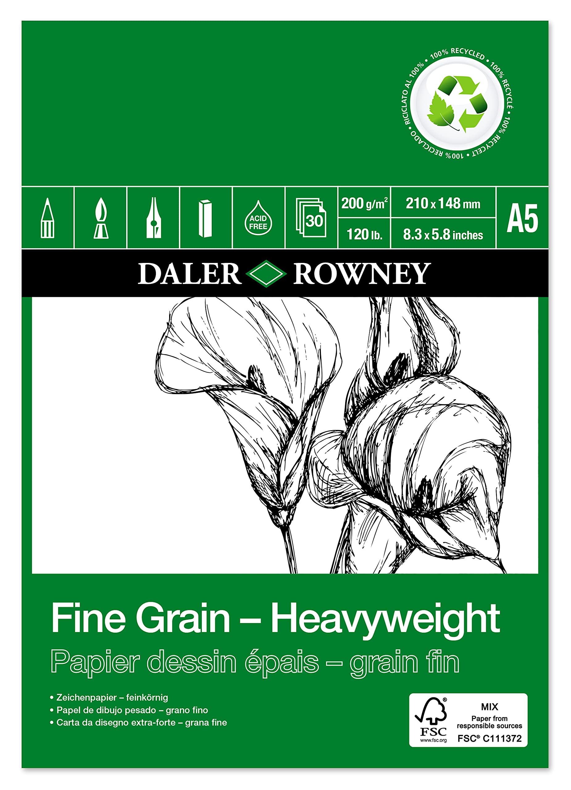 Daler-Rowney Fine Grain Lightly Textured 200gsm A5 Eco-Friendly Drawing Paper Pad, Glued 1 Side, 30 White Heavyweight 30 Sheets, For Professional Artists & Students