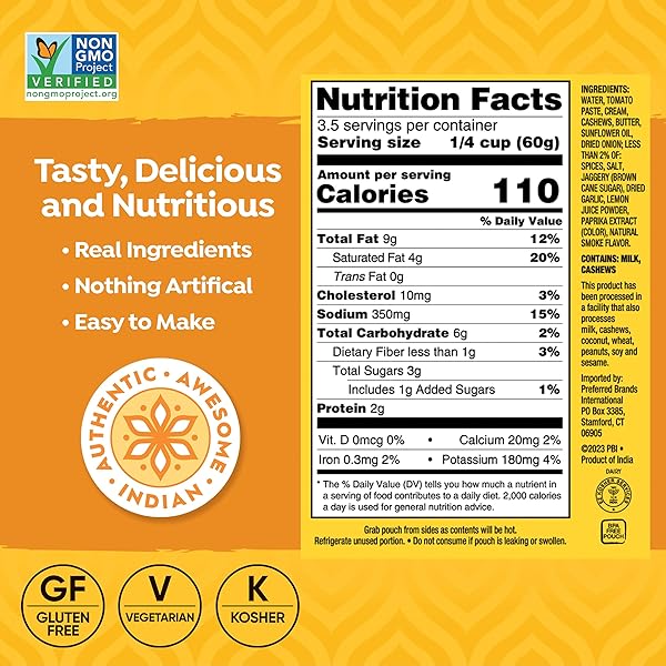 TASTY BITE PUNJABI STYLE BUTTER CHICKEN SIMMER SAUCE, 7-OUNCE 5-PACK, 3-4 SERVINGS, VEGETARIAN, TOMATOES & CASHEWS IN BUTTER