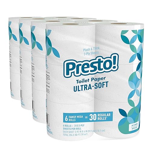 Amazon Brand - Presto! 2-Ply Ultra-Soft Toilet Paper, 24 Family Mega Rolls = 120 regular rolls, 6 Count (Pack of 4), Unscented