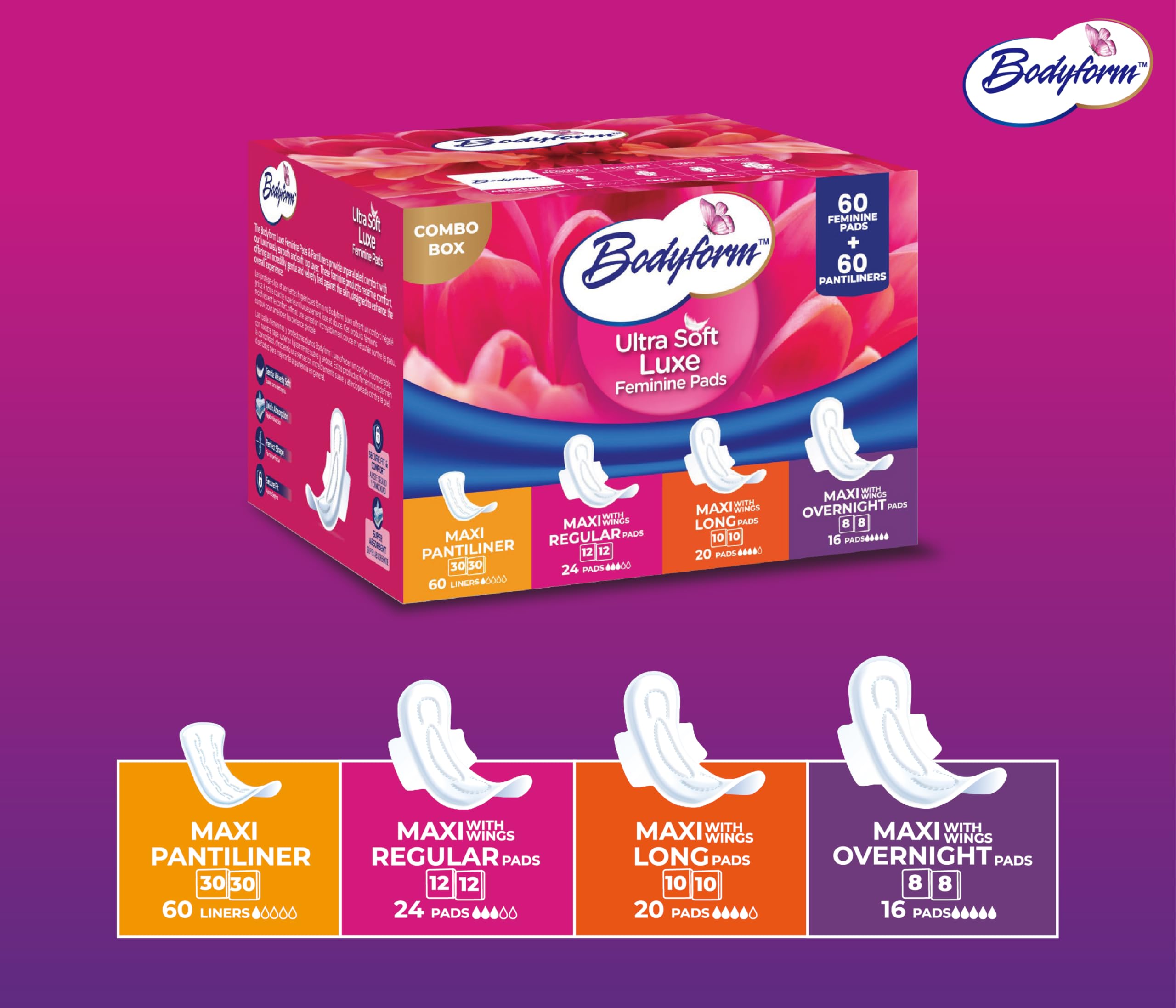 Bodyform Luxe Feminine Care Value Combo Box (Variety Pack) – 60 Ultra-Soft Pads + 60 Gentle Pantyliners, Cushion Soft & Ultra-Absorbent
