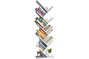 Yusong Tree Bookshelf, 9-Tier Floor Standing Bookcase for Living Room Bedroom, Utility Organizer Shelves for Home Office, White