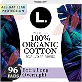 L. Ultra Thin Pads for Women, Overnight Absorbency, Organic Cotton Top Layer, Unscented Pads with Wings, 96 Count (4 Packs of 24)