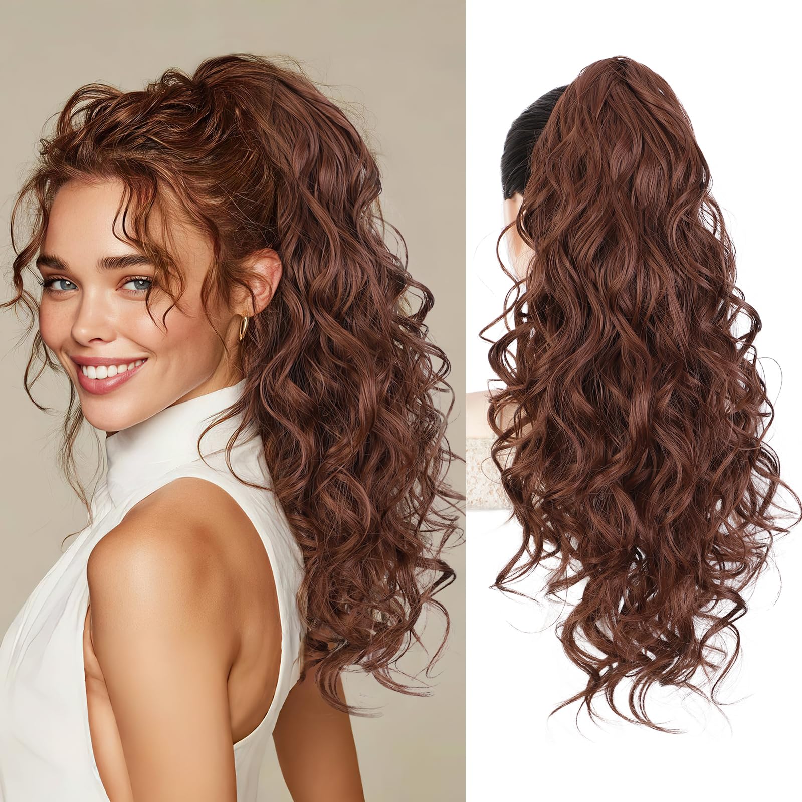 Photo 1 of QGZ 20" Wavy Ponytail Extension, Claw Clip Ponytail Hair Extension, Natural Synthetic Hairpiece for Women Daily Use(Auburn)