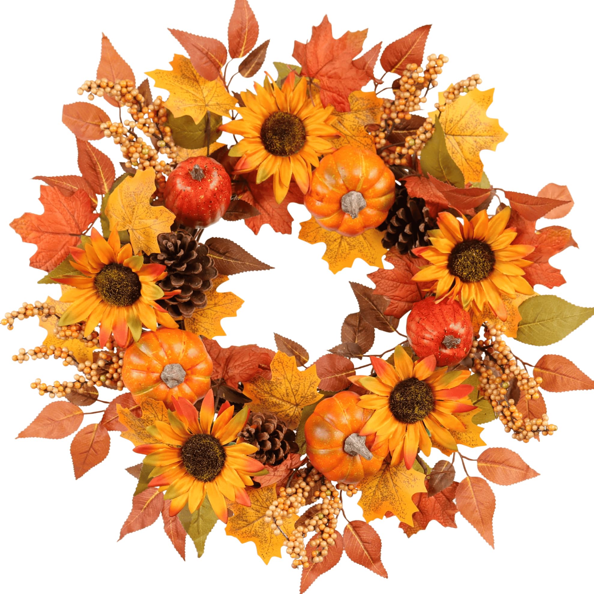 Photo 1 of Pudate 22 Inch Fall Wreath for Front Door with Sunflowers Pumpkins Pinecones and Berries, Artificial Autumn Harvest Wreath for Thanksgiving Holiday Farmhouse Home Decor Indoor Outdoor