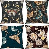 RinRinfam Boho Abstract Black Throw Pillow Covers 18x18 Set of 4, Sun and Moon Floral Linen Square Pillow Cushion Cases, Modern Home Decor for Outdoor Sofa Bedroom Car