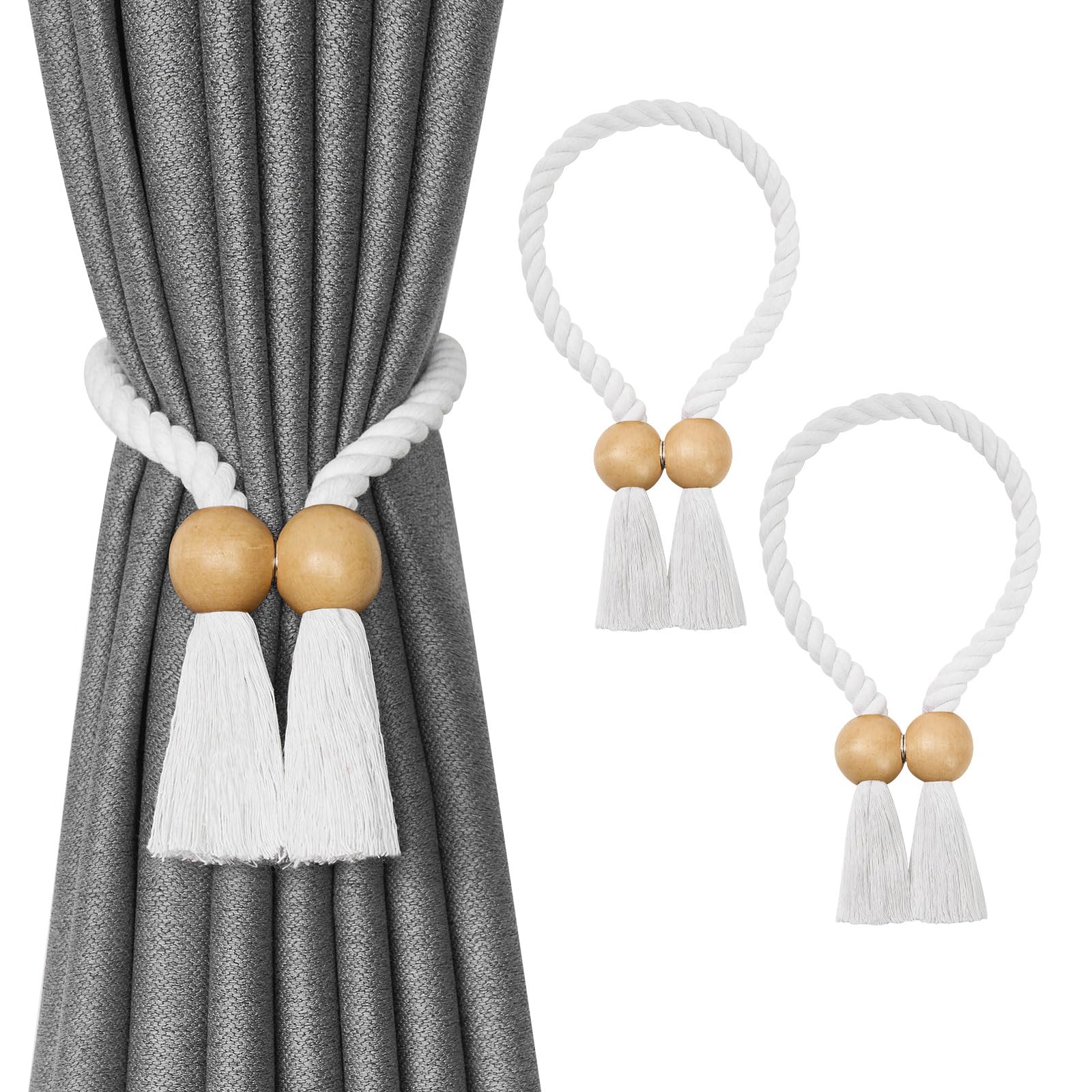 Pretty Jolly 2 Pack Wooden Ball Magnetic Curtain Tiebacks Boho Home Decor Drape Tie Backs Natural Cotton Hand Woven Rope Curtain Holdbacks for Thin & Thick Home & Office Window Draperies (A-White)