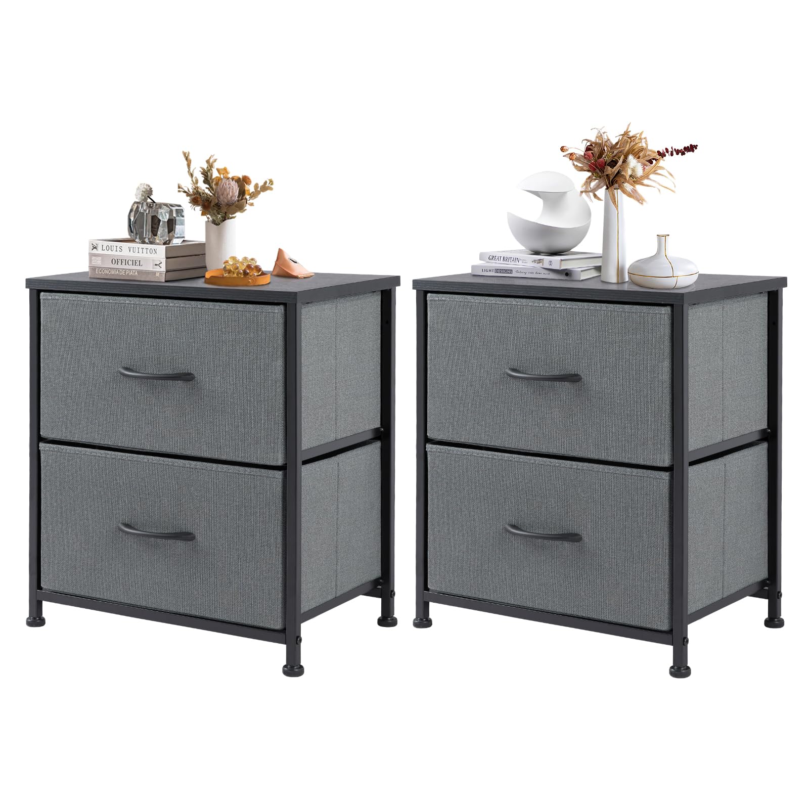 DUMOS Nightstand Set of 2, Small Dresser with 2 Fabric Drawers Side Bedroom End Table Kids Bedside Storage Furniture for 25 inch Tall Night Stand for Closet, Entryway, College Dorm, Ash Image