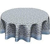 Blue and Green Tablecloth Round Tablecloth Boho Blue Flowers Table Cloth 60 Inch French Blue Block Print Table Cover Bohemian Tablecover Reusable Polyester for Kitchen Dining Home Outdoor Decor