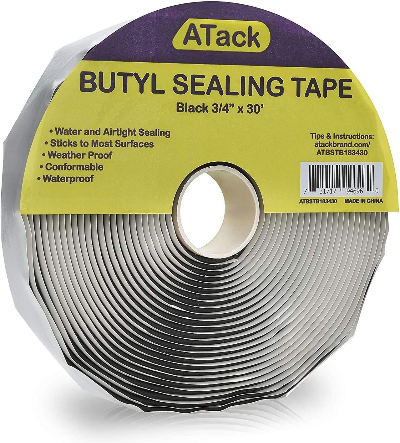 ATack Black Butyl Seal Tape 1/8Inch x 3/4Inch x 30Foot Leak Proof