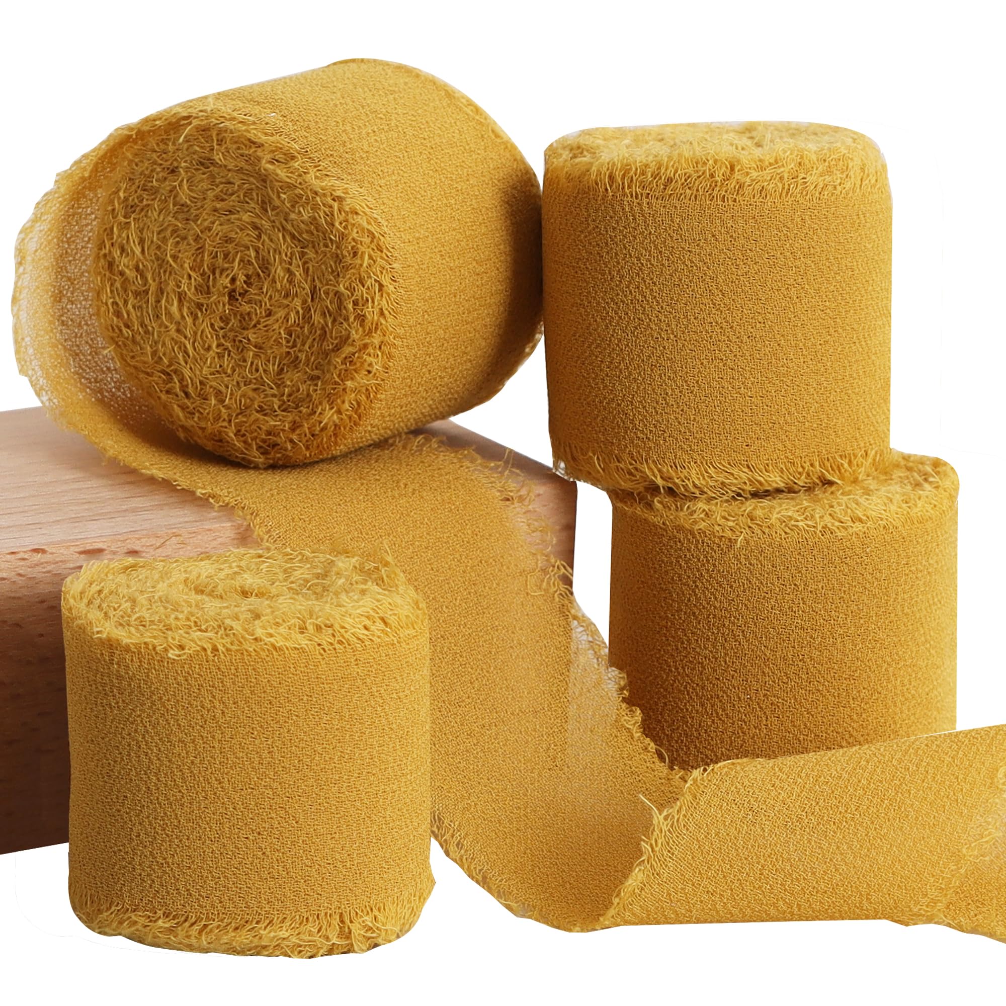 TONIFUL 4 Rolls Silk Chiffon Ribbon, 1-1/2 Inch x 22yds, Gold Chiffon Ribbons, Handmade Fringe Silk Ribbon Frayed Edges for Gift Wrapping Bridal Bouquets Wedding Invitations Decoration Crafts