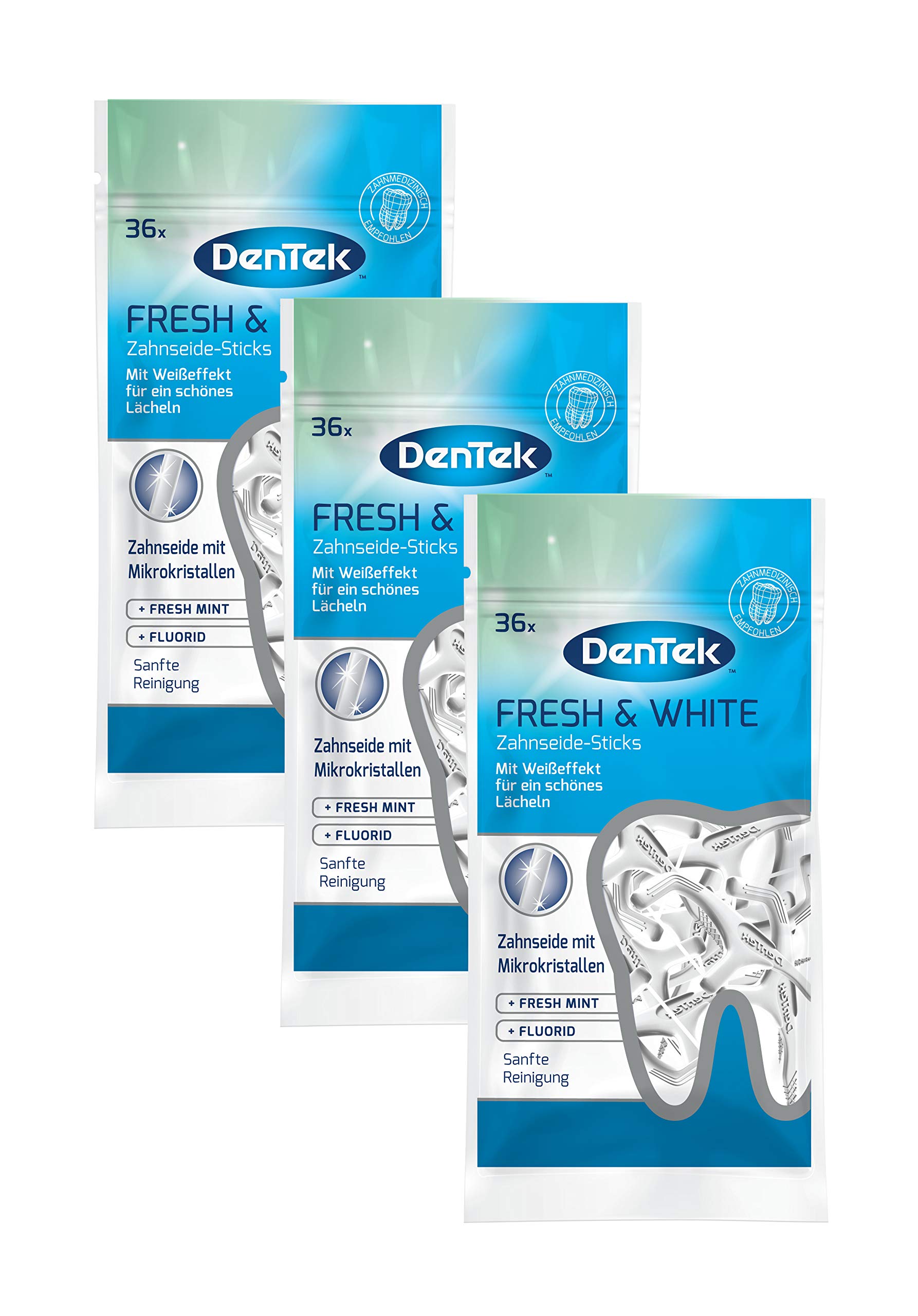 DenTek Fresh & White Dental Floss Sticks with Micro Crystals for Whiter Interdental Spaces - Mint Flavoured Dental Floss - Toothpicks - Tongue Scraper 3 x 36 Pieces