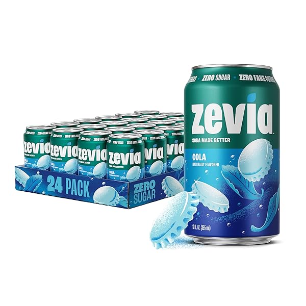 ZEVIA ZERO SUGAR SODA, COLA, 12 OZ CANS (24-PACK) – NATURALLY SWEETENED, ZERO CALORIE SUGAR FREE SODA – NON-GMO PROJECT VERIFIED, GLUTEN-FREE, VEGAN