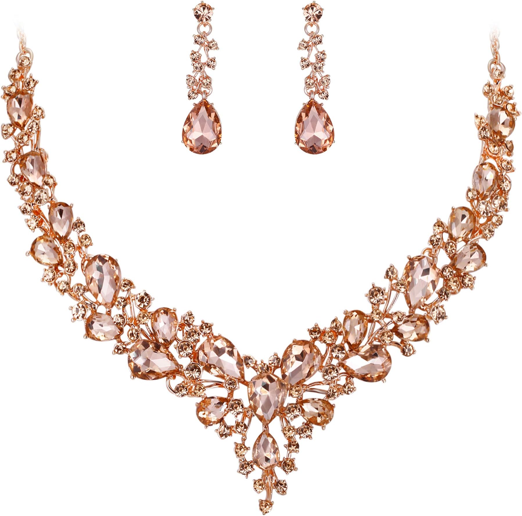 ClearineWomen's Wedding Bridal Jewellery Set Austrian Crystal Teardrop Cluster Statement Necklace Dangle Earrings Set