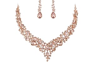 BriLove Women's Wedding Bridal Austrian Crystal Teardrop Cluster Statement Necklace Dangle Earrings Jewelry Set