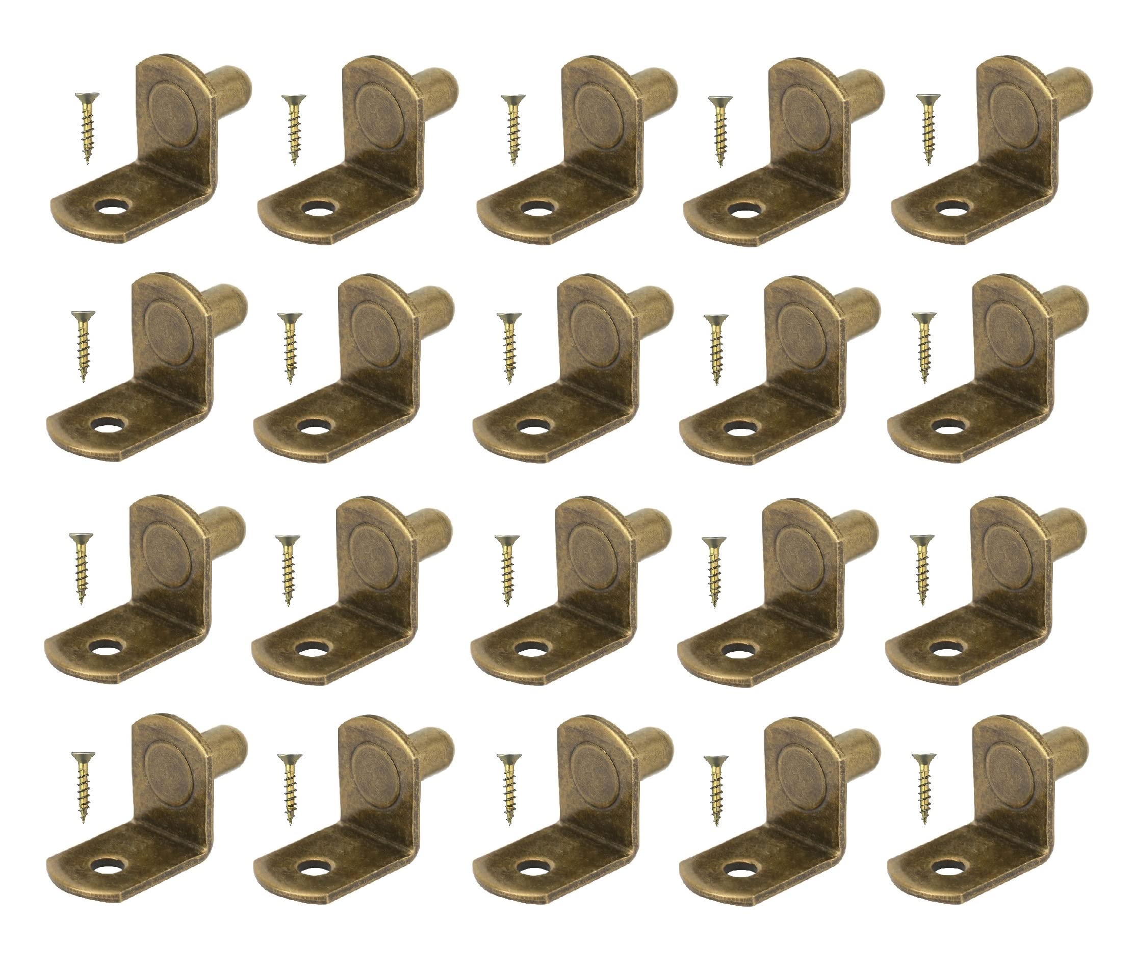TERF® Traditional Style Antique Bronze Plated L-Shape Bracket Furniture Shelf Support Pegs Push In Pin with Hole for Kitchen Cabinet Wardrobe Bookcase Closet including Fixing Screw - Pack of 20