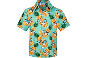 Yoimira Hawaiian Shirts for Boys, Button Down Short Sleeve Tropical Print, Kids Summer Beachwear Tops 7-14 Years