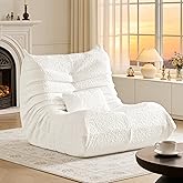 Bean Bag Chair for Adults - Large Bean Bag with Lumbar Pillow, Oversized Chenille Boneless Chair with High-Rebound Memory Foam, Lazy Floor Sofa for Reading, Gaming, Living Room, Bedroom, White