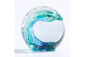 Qianwei Hand Blown Ocean Waves Crystal Ball - Glass Collectible Figurines Spere - Paperweight Glass Ball Aquarium DecorOffice Decor Ocean Lovers
