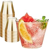 RACETOP 100 Pack 9 oz Gold Plastic Cups Tumbler, Disposable Cups with Gold Glitter for Party, Heavy-duty Clear Plastic Wine Glasses, Disposable Wedding Cups