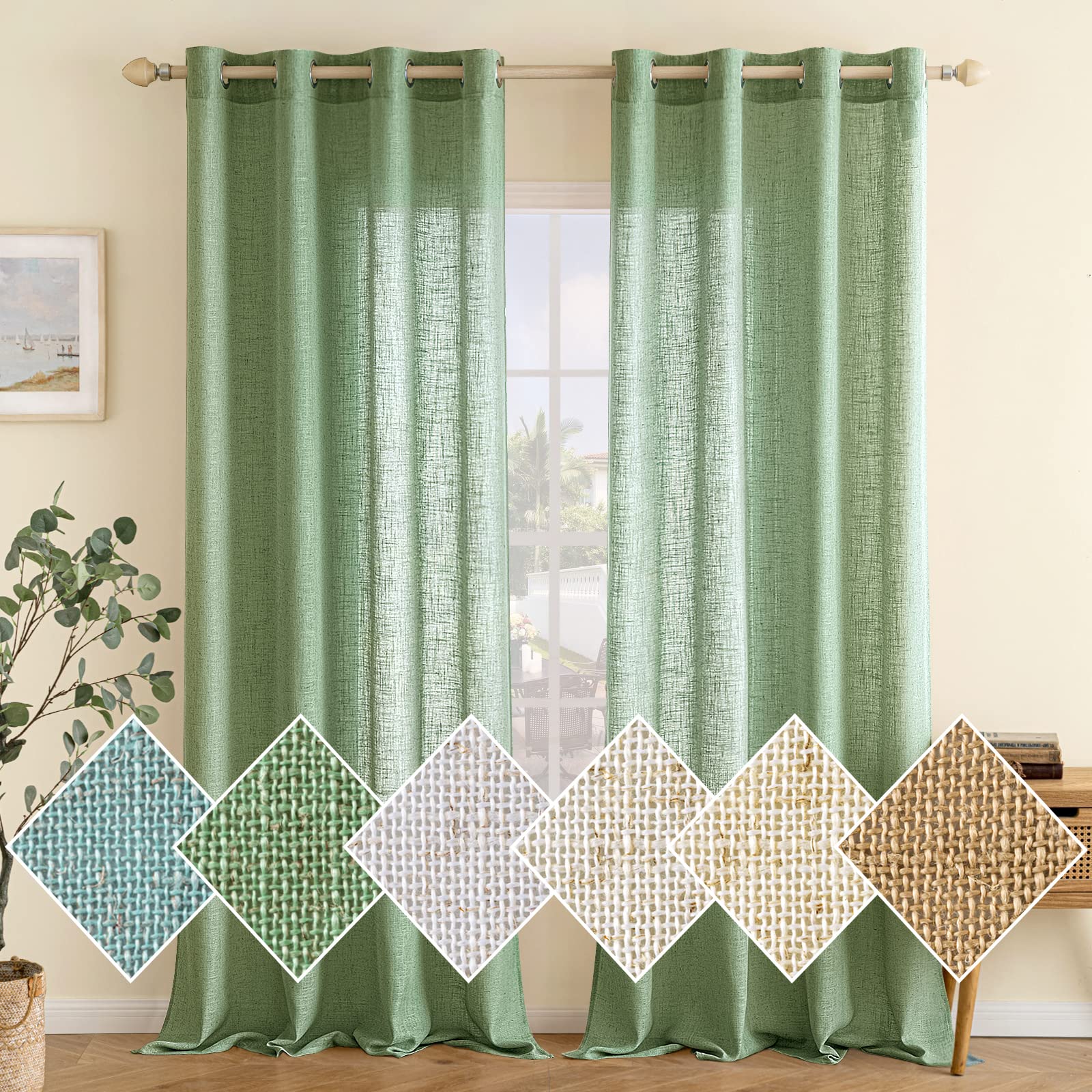 EMEMA Linen Curtain with Eyelets, Linen Look Voile Curtain, Modern Semi-Transparent for Living Room, Kitchen Curtains, Tab-Top Curtain, Children's Room, Set of 2, 140 x 215 cm, Green