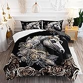 AILONEN White Unicorn Comforter Set Full Size, Rose Flower Horse Bedding Set for Kids Teens Boys Girls,Gothic Black Duvet Set,1 Quilt + 2 Pillowcases,3Pcs