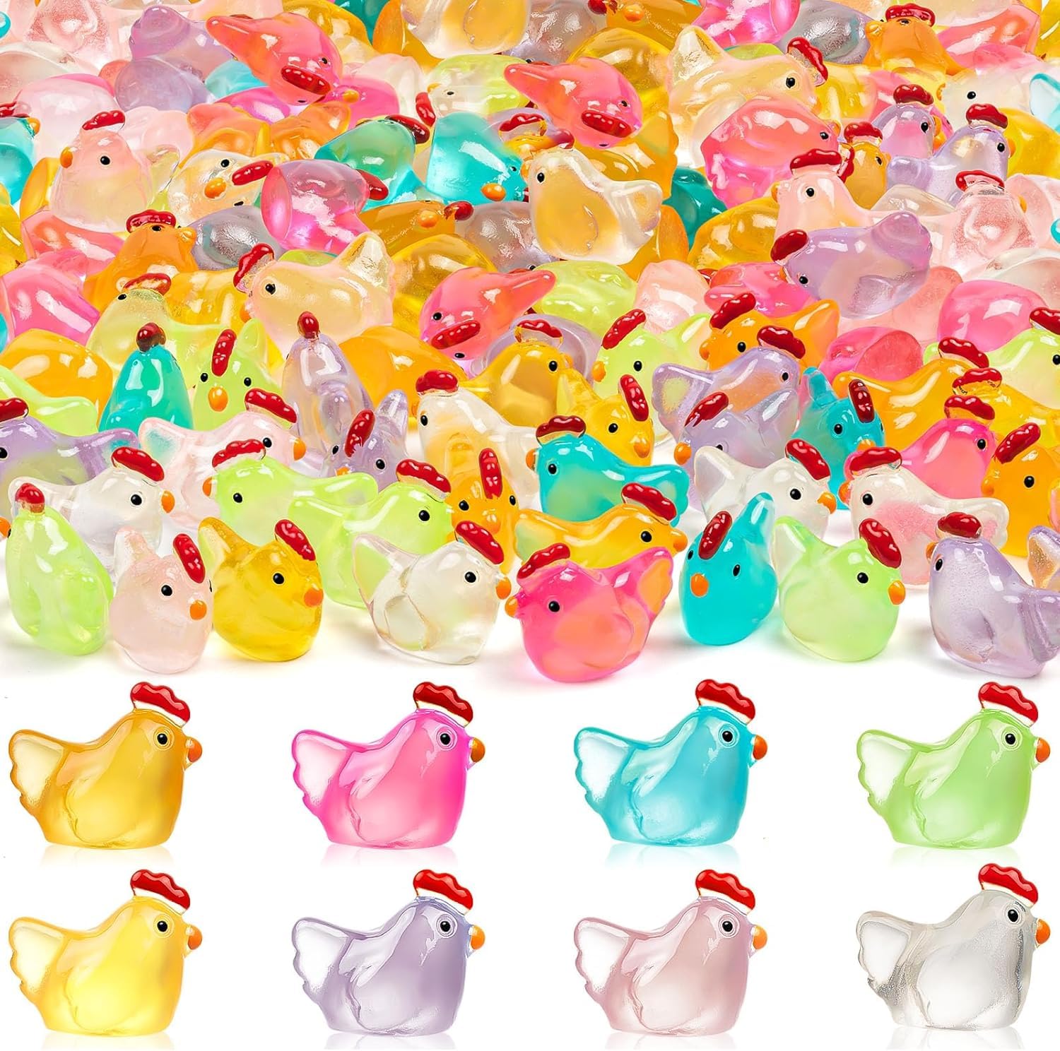 SYOZPXY 64PCS Luminous Mini Chicken Figurines, 8 Colors Tiny Chickens Resin Miniature Animals Glow in The Dark for Dollhouse, Micro Landscape, DIY, Home Outdoor Party Decor