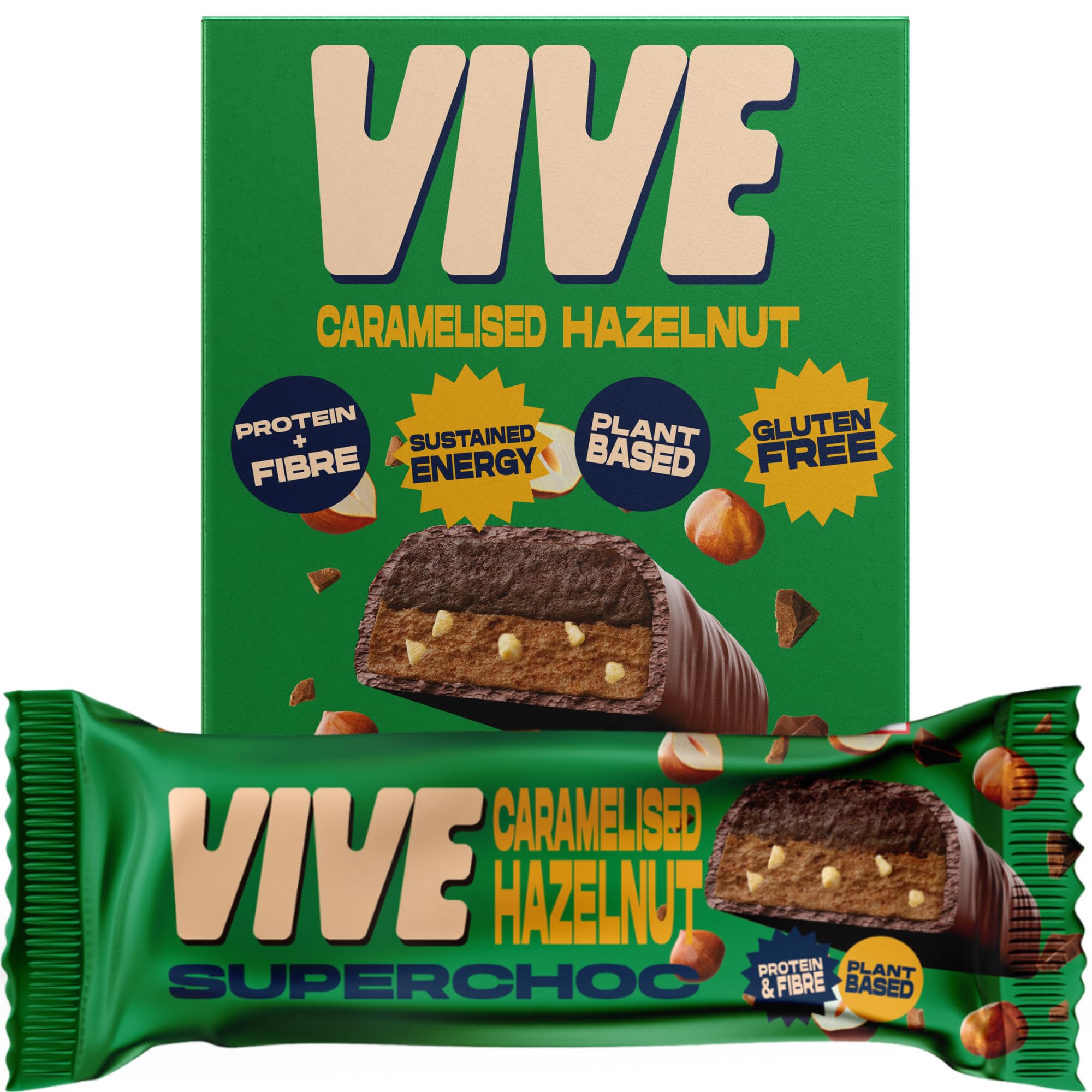 Vive Superchoc Low Sugar High Fibre Caramelised Hazelnut Chocolate Bar - Protein Packed - Vegan Healthy Snack