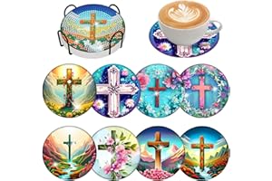 DEMONWER 8 Pieces Crosses Diamond Coasters with Holder DIY Crosses Diamond Art Coasters 5d Full Drill Diamond Coasters Acrylic Round Cup Coaster with Cork Pads for Adults