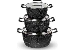 Granitestone Black Pots and Pans Set Nonstick, 6 Stackable Piece Cooking Pots Set, Kitchen Pots, Non Stick Coating, 5qt 3qt & 1.5qt Pots with Lids, Stay Cool Handles Dishwasher Safe 100% Toxin Free